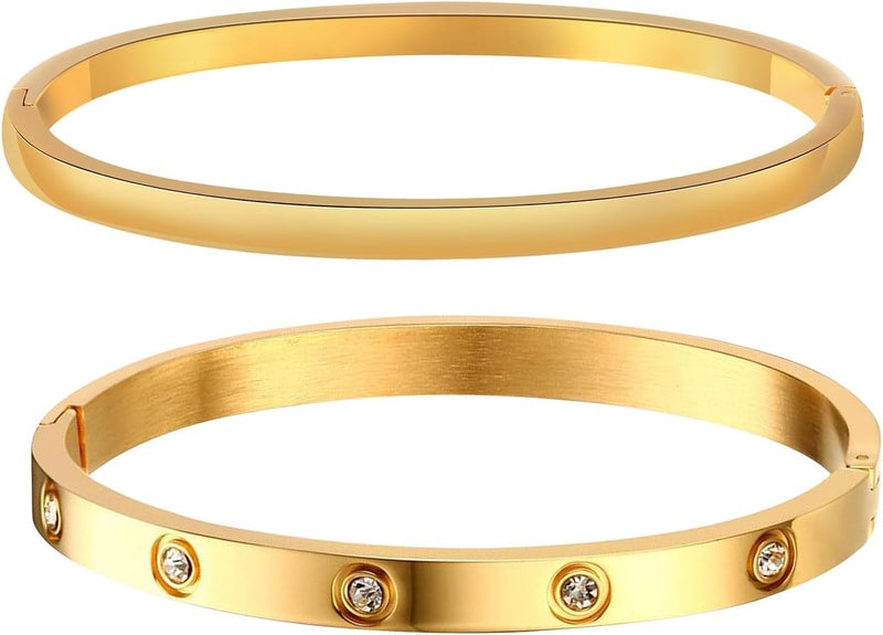 MPRAINBOW Gold Bracelets for Women, 2Pcs 18K Gold Plated Cubic Zirconia Bangle Crystal Friendship Bracelet Jewelry,Wedding Party Christmas Birthday Gifts for Her Girlfriend Sister Daughter - Image 1